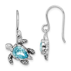 925 Sterling Silver Blue Crystal Turtle Charm Drop Dangle Earrings French Wire